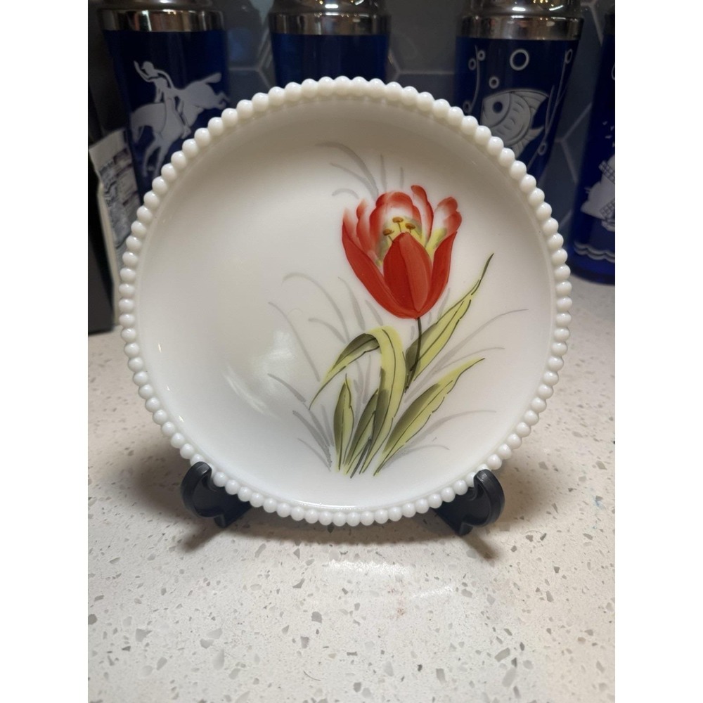 Westmoreland Beaded Edge Hand Painted Red Tulip Flower Plate Milk Glass